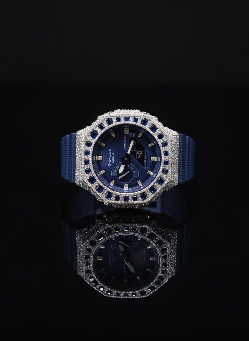 custom iced out watch: vvs moissanite, blue dial