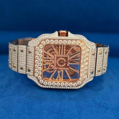 Moissanite Skeleton Watch 2 Tone Rose Stainless Steel Luxury Hip Hop Automatic Mens Custom 41mm