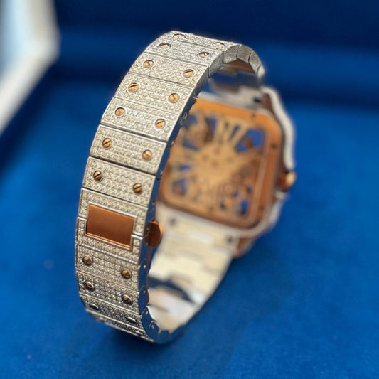 Moissanite Skeleton Watch 2 Tone Rose Stainless Steel Luxury Hip Hop Automatic Mens Custom 41mm