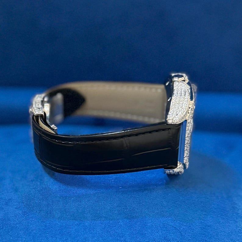 mens black leather watch moissanite 41mm automatic stainless steel luxury icy hip hop custom wristwatch roman numeral dial