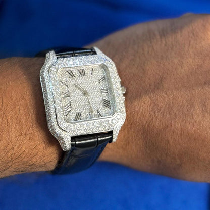 Mens Black Leather Watch Moissanite 41mm Automatic Stainless Steel Luxury Icy Hip Hop Custom Wristwatch Roman Numeral Dial