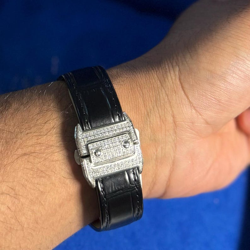 mens black leather watch moissanite 41mm automatic stainless steel luxury icy hip hop custom wristwatch roman numeral dial