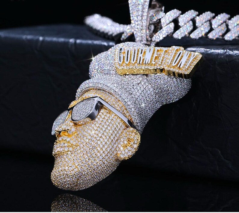 iced out 3d face hip hop pendant, bling vvs moissanite diamond jewelry custom name 925sterling silver two tone/jewelry pendant gift for him.