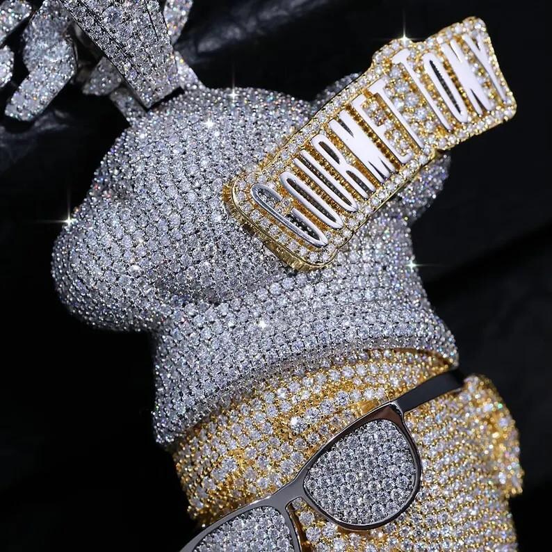 iced out 3d face hip hop pendant, bling vvs moissanite diamond jewelry custom name 925sterling silver two tone/jewelry pendant gift for him.
