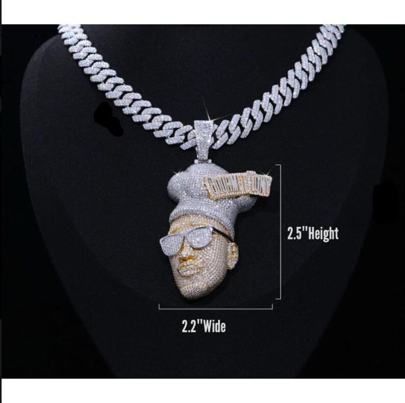 iced out 3d face hip hop pendant, bling vvs moissanite diamond jewelry custom name 925sterling silver two tone/jewelry pendant gift for him.