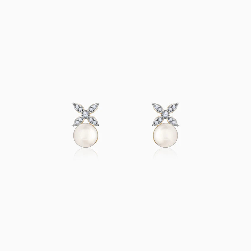 Gold Pearl-fect Floral Diamond & Pearl Earrings