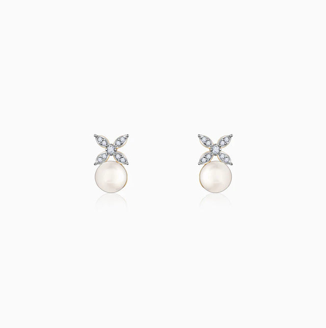 Gold Pearl-fect Floral Diamond & Pearl Earrings