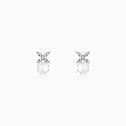 Gold Pearl-fect Floral Diamond & Pearl Earrings