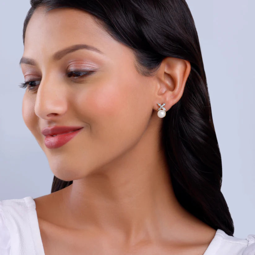 gold pearl-fect floral diamond & pearl earrings