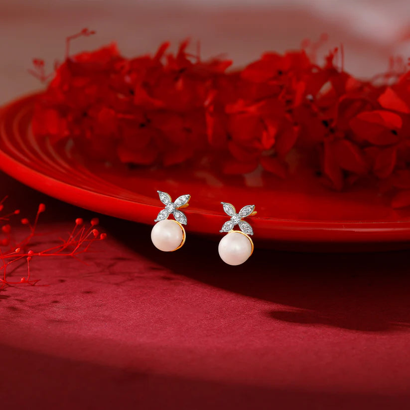 Gold Pearl-fect Floral Diamond & Pearl Earrings