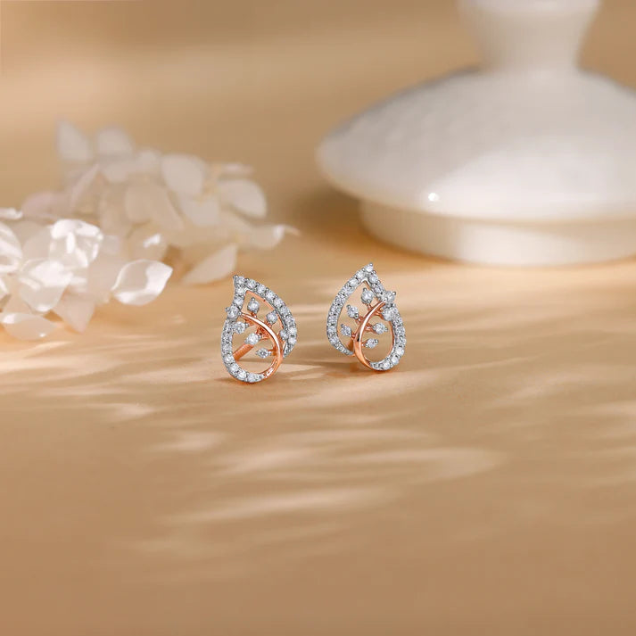 rose gold leafy love diamond earrings
