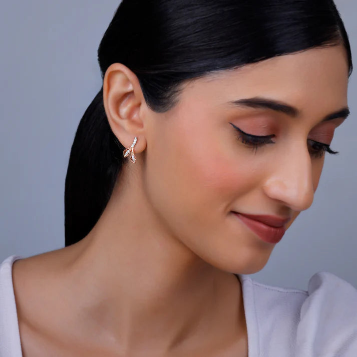 rose gold leafy flare diamond earrings