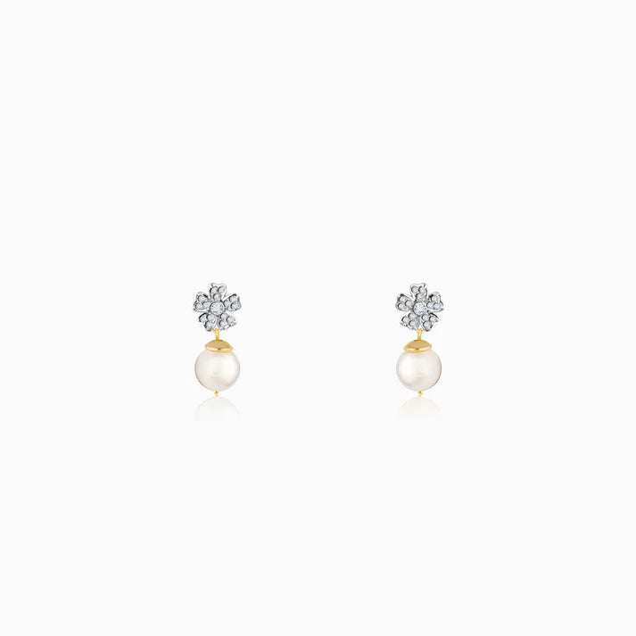 Gold Floral Pearl Diamond Earrings