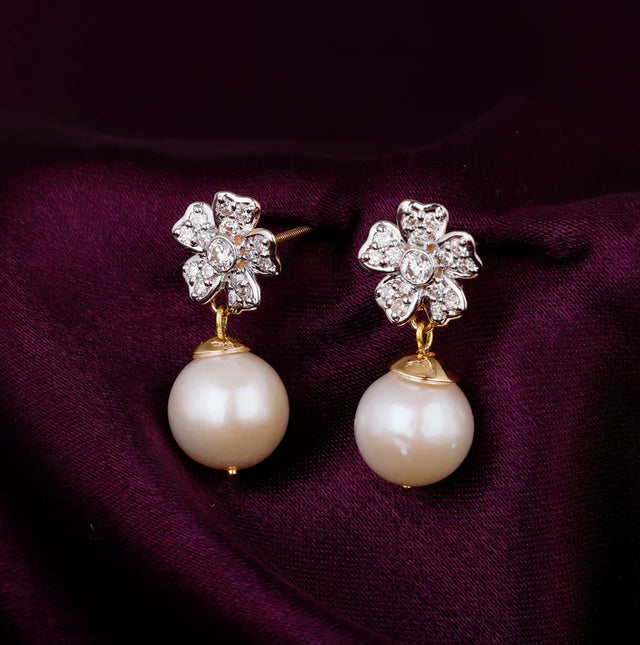 Gold Floral Pearl Diamond Earrings